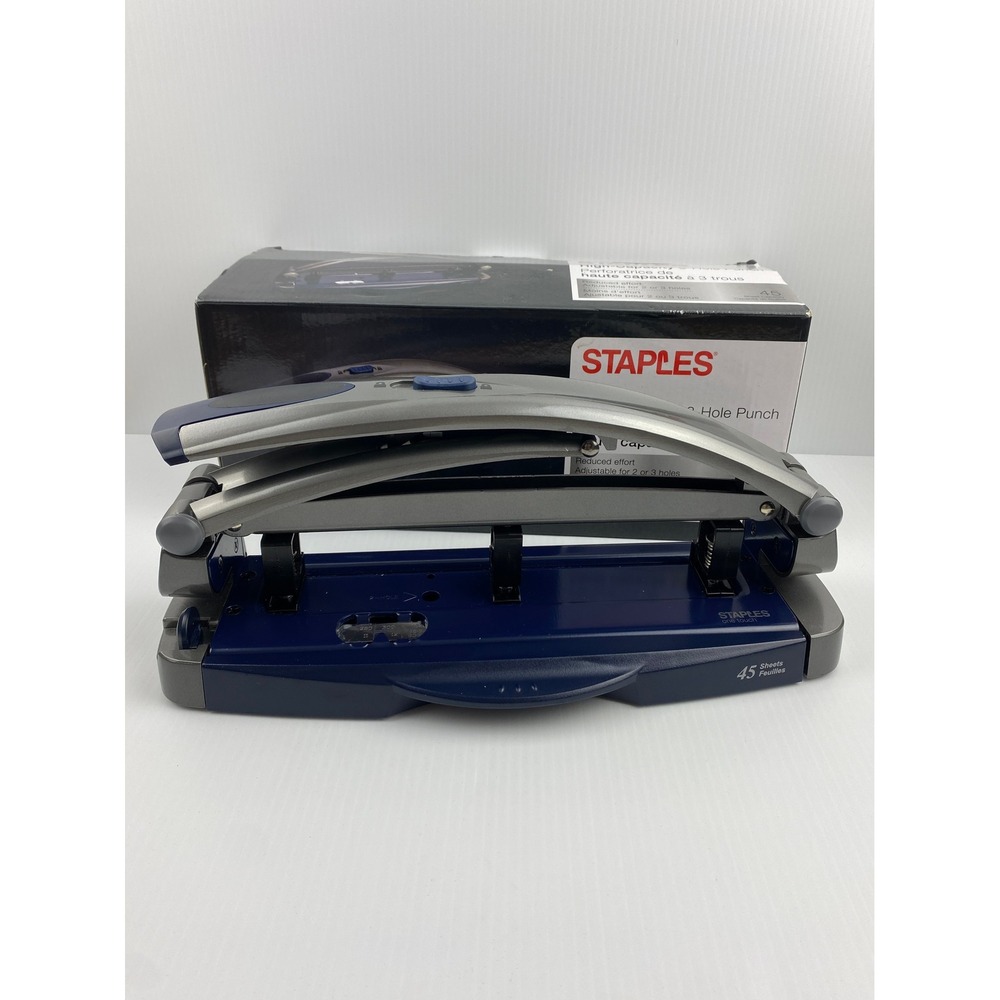Staples One Touch High-Capacity 45 Sheet 3-Hole Punch Adjustable Blue Silver